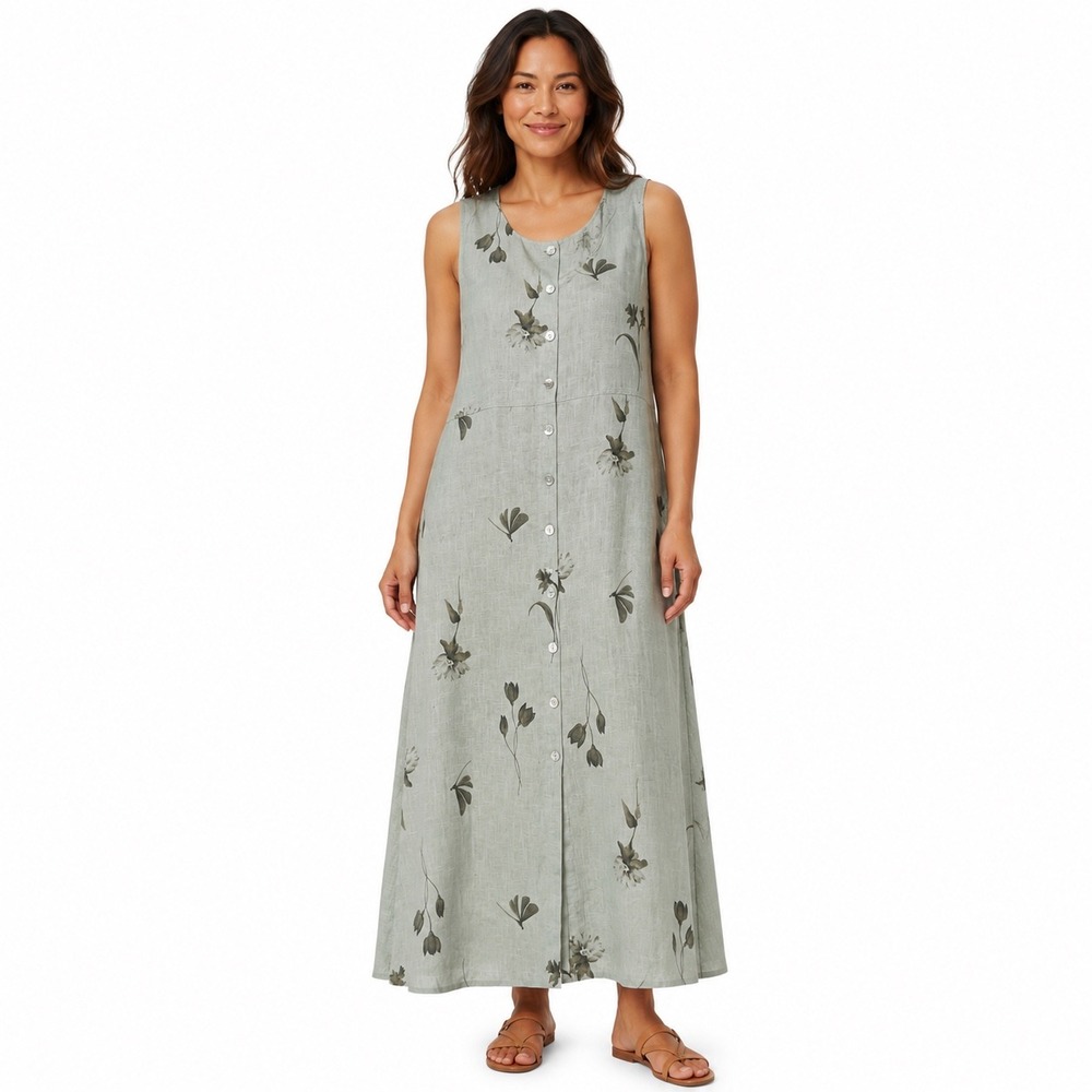 Sweet Jessie Women Jumper Dress Sage Green Floral Linen Button Front Lagenlook L